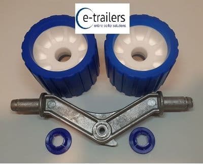 BOAT TRAILER ALLOY WING BRACKET WITH NON MARKING BLUE WHITE WOBBLE ROLLERS