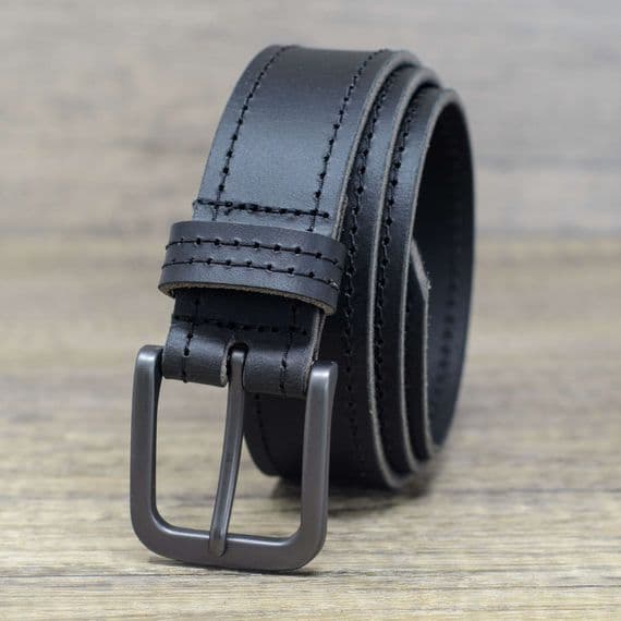 35mm Edge Stitched Real Full Grain Leather Belt - Black