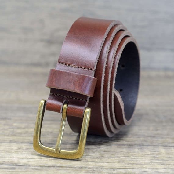 35mm Real Full Grain Leather Belt with Brass Colour Buckle - Antique Brown