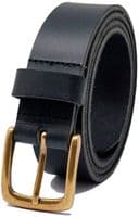 35mm Real Full Grain Leather Belt with Brass Colour Buckle - Black