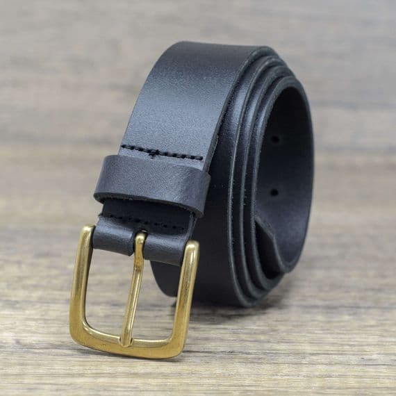 35mm Real Full Grain Leather Belt with Brass Colour Buckle - Black