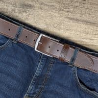 40mm Edge Stitched Mens Real Leather Belt with Silver Buckle - Antique Brown