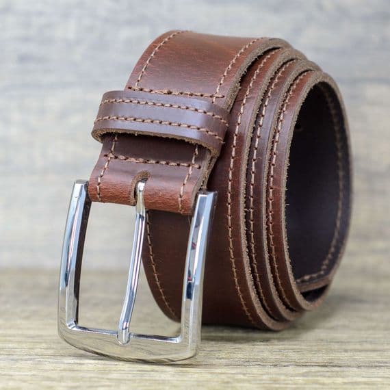 40mm Edge Stitched Mens Real Leather Belt with Silver Buckle - Antique Brown