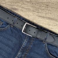 40mm Edge Stitched Mens Real Leather Belt with Silver Buckle - Black