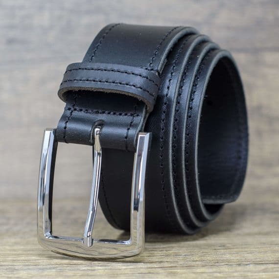 40mm Edge Stitched Mens Real Leather Belt with Silver Buckle - Black