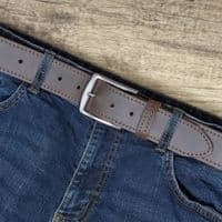 40mm Edge Stitched Mens Real Leather Belt with Silver Buckle - Brown