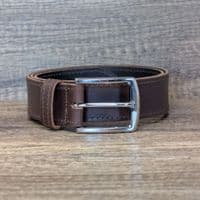 40mm Edge Stitched Mens Real Leather Belt with Silver Buckle - Brown