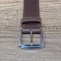 40mm Edge Stitched Mens Real Leather Belt with Silver Buckle - Brown