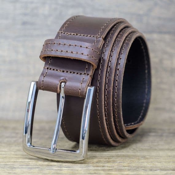 40mm Edge Stitched Mens Real Leather Belt with Silver Buckle - Brown
