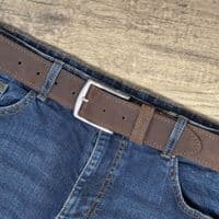 40mm Edge Stitched Mens Real Leather Belt with Silver Buckle - Soft Vintage Brown