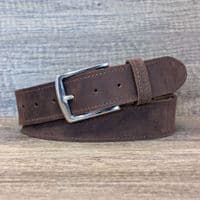 40mm Edge Stitched Mens Real Leather Belt with Silver Buckle - Soft Vintage Brown