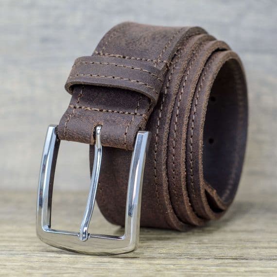 40mm Edge Stitched Mens Real Leather Belt with Silver Buckle - Soft Vintage Brown