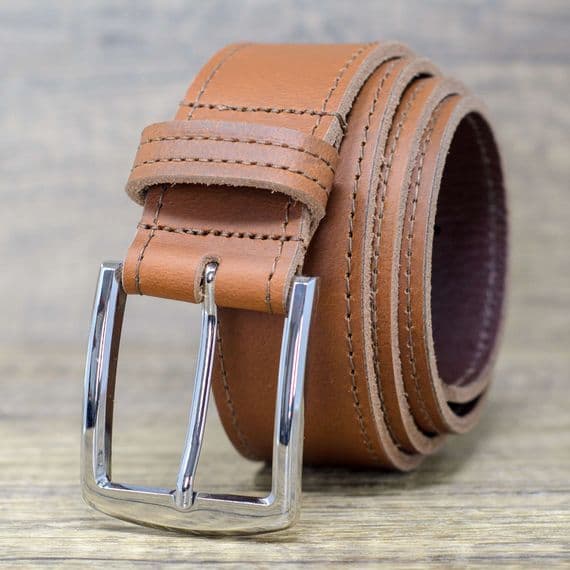 40mm Edge Stitched Mens Real Leather Belt with Silver Buckle - Tan
