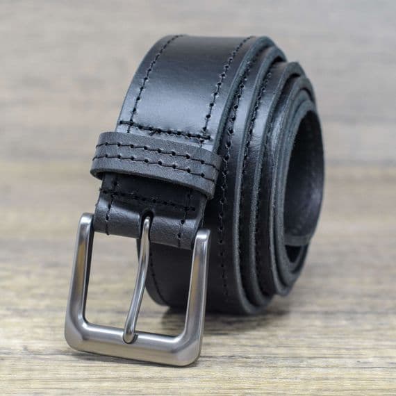 40mm Edge Stitched Real Full Grain Mens Leather Belt - Black