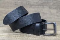 40mm Floral Leaf Design Full Grain Real Leather Belt - Black