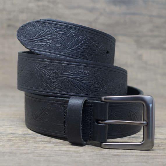 40mm Floral Leaf Design Full Grain Real Leather Belt - Black