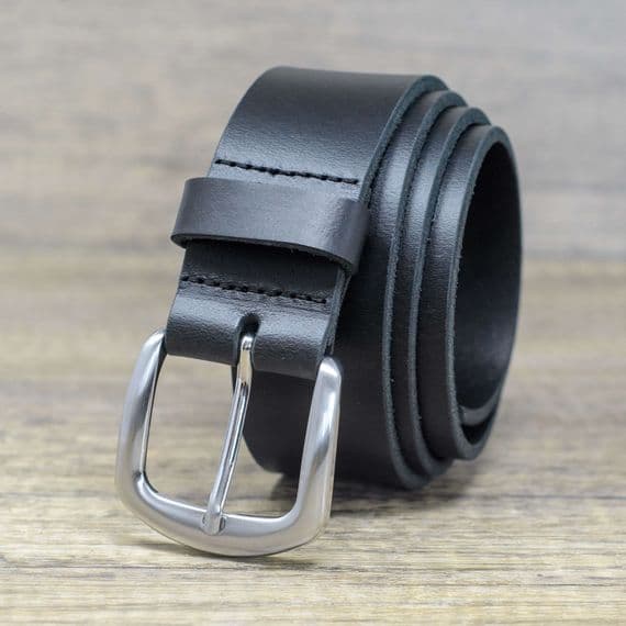 40mm Real Full Grain Mens Leather Belt with Horse Shoe Buckle - Black