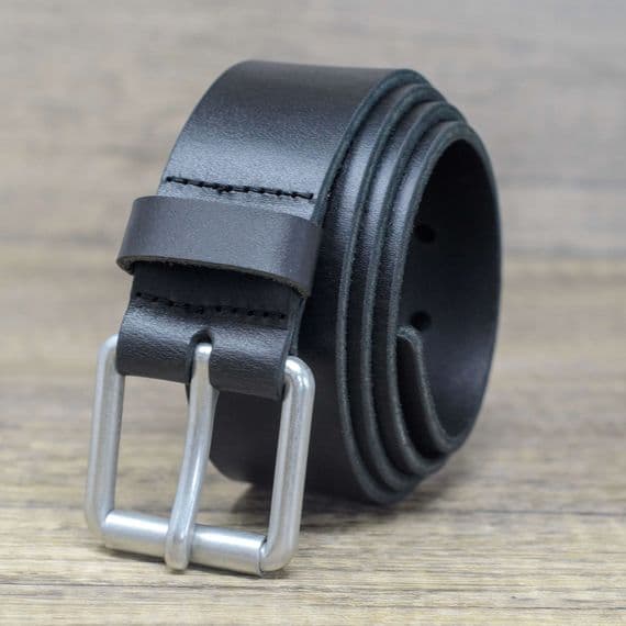 40mm Real Full Grain Mens Leather Belt with Roller Buckle - Black