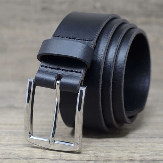 40mm Real Full Grain Mens Leather Belt  with Silver Colour Buckle - Black