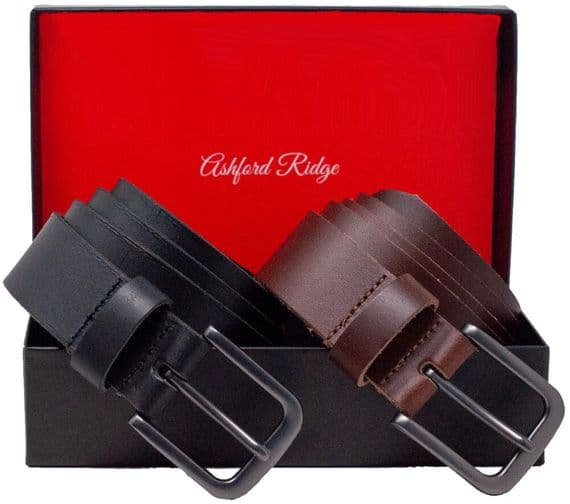 Full Grain Real Leather Twin 35mm Belt Gift Set - Black and Brown
