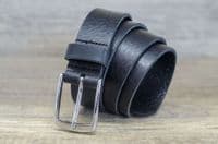 Italian 35mm Real Full Grain Leather Belt with Silver Buckle - Black