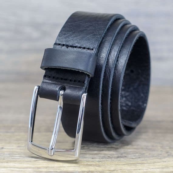 Italian 35mm Real Full Grain Leather Belt with Silver Buckle - Black
