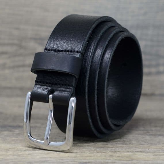 Italian 35mm Real Full Grain Leather Belt  with Silver Buckle - Black