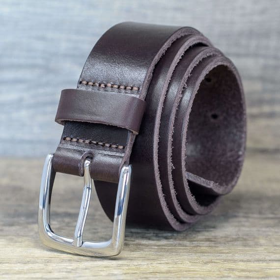 Italian 35mm Real Full Grain Leather Belt  with Silver Buckle - Brown