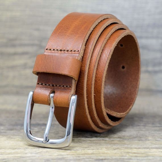 Italian 35mm Real Full Grain Leather Belt  with Silver Buckle - Tan