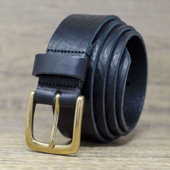 Italian 35mm Real Leather Belt with Brass Colour Buckle - Black