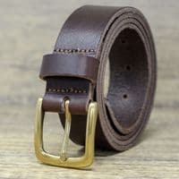 Italian 35mm Real Leather Belt with Brass Colour Buckle - Brown