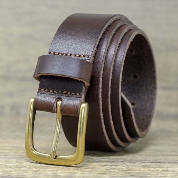 Italian 35mm Real Leather Belt with Brass Colour Buckle - Brown
