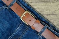 Italian 35mm Real Leather Belt with Brass Colour Buckle - Tan