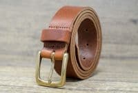 Italian 35mm Real Leather Belt with Brass Colour Buckle - Tan