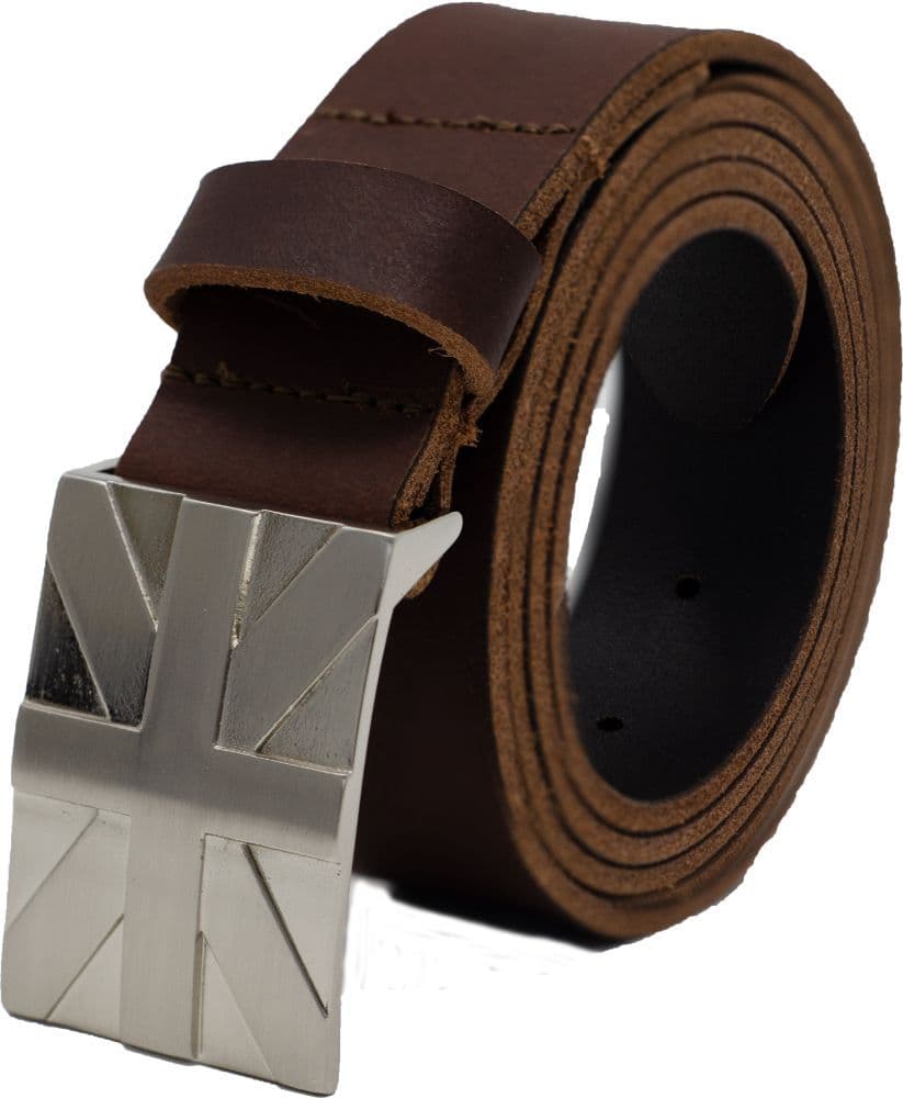 Mens Full Grain Leather Belt with Union Jack Buckle Brown
