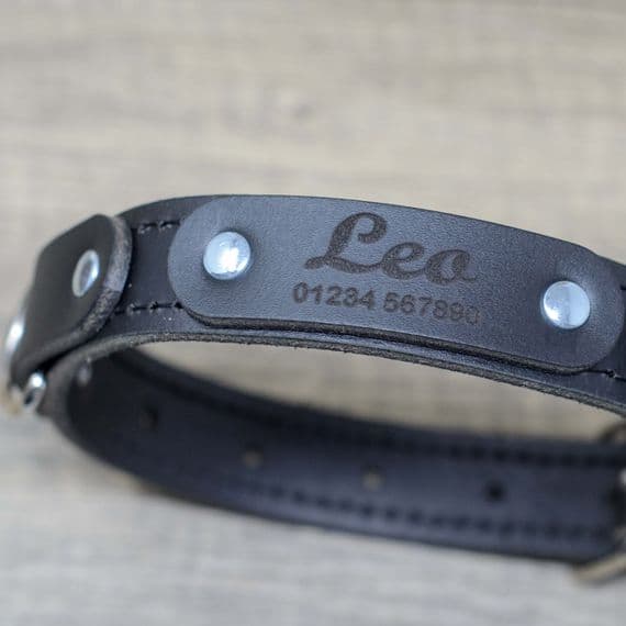 Personalised Full Grain Real Leather Stitched Dog Collar - Black