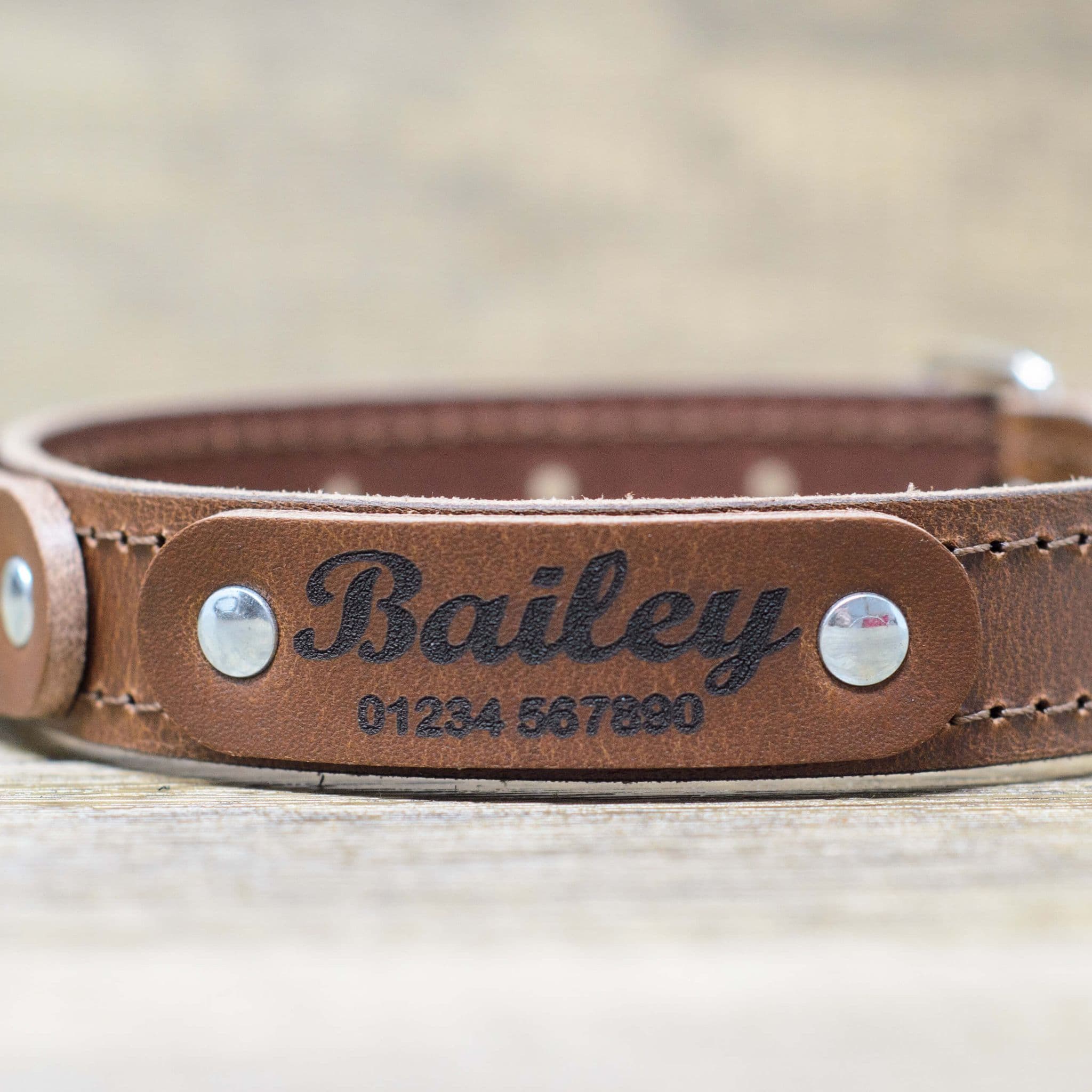 Personalised Full Grain Real Leather Stitched Dog Collar Tan