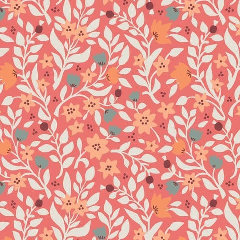 Lewis & Irene Folk Floral - All Over Coral - 100% Cotton Fabric