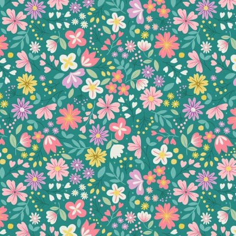 Lewis & Irene Spring Treats - Spring Floral on Green- 100% Cotton Fabric