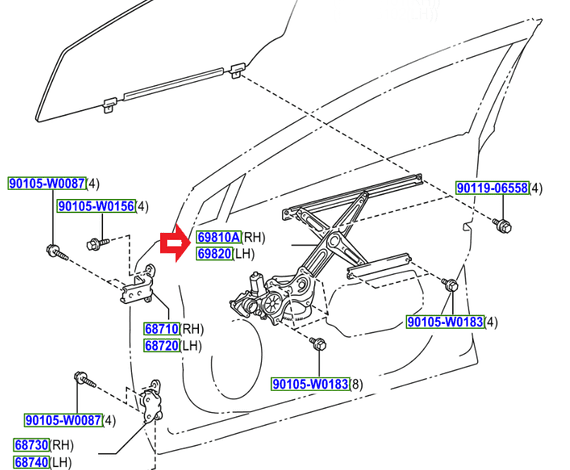 Genuine Toyota Front Door Window Regulator RH 69810-05071