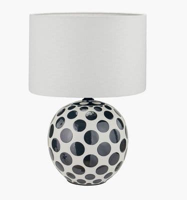 Black Polka Dot Ceramic Table Lamp Base with Lino 35cm White Self Lined Linen Cylinder Lampshade