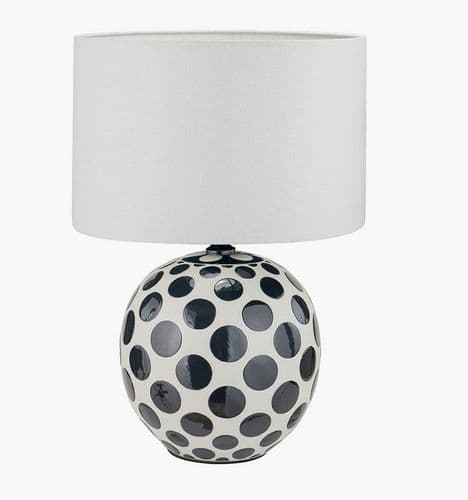 Black Polka Dot Ceramic Table Lamp Base with Lino 35cm White Self Lined Linen Cylinder Lampshade