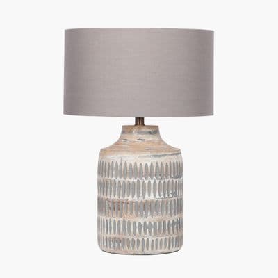 Grey Wash Wood Textured Table Lamp with 30cm Steel grey cylinder poly cotton shade