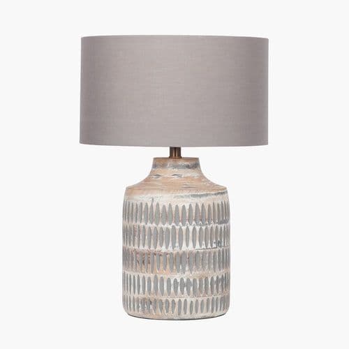 Grey Wash Wood Textured Table Lamp with 30cm Steel grey cylinder poly cotton shade
