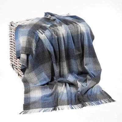 John Hanly 100% Lambswool Throw Grey Denim Check 137 x 180cm