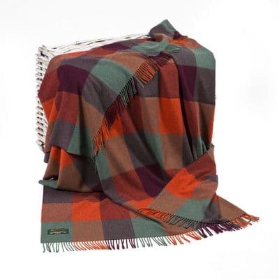John Hanly 100% Lambswool Throw Orange Maroon Sea Green Block 137 x 180cm