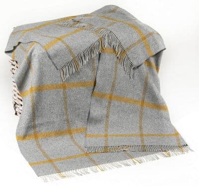 John Hanly 3136 Merino Lambswool Blanket Grey Mustard Check