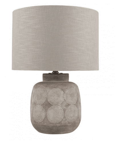 Matt Grey Circular Dot Design Small Stoneware Table Lamp & 35cm Grey Self Lined Linen Drum Shade