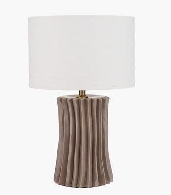 Taupe Pleated Ceramic Table Lamp Base with Lino 35cm White Linen Cylinder Lampshade