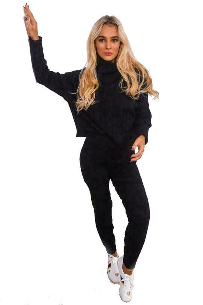 Ladies Chunky Knitted Ribbed Polo High Neck Top Leggings